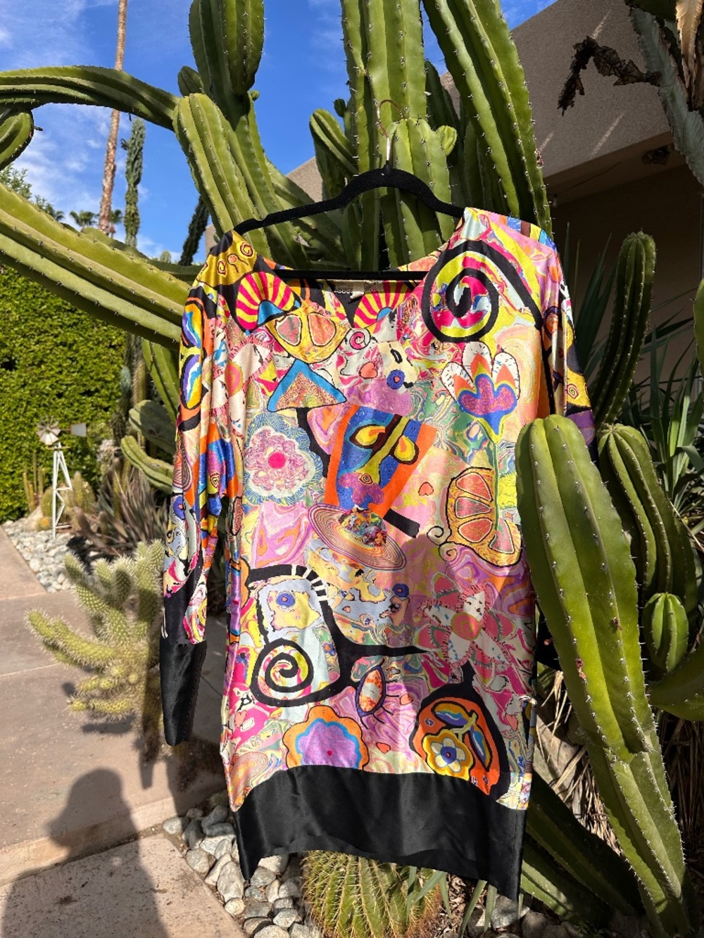 100% silk*Vibrant Psychedelic Abstract Print Silk Tunic Mini Dress - Size Medium